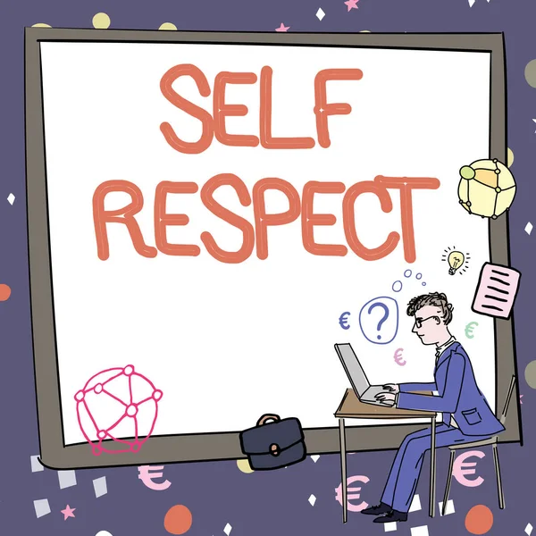 Text sign showing Self Respect. Internet Concept Pride and confidence in oneself Stand up for yourself Man working on computer representing successful business strategy creation. — Zdjęcie stockowe