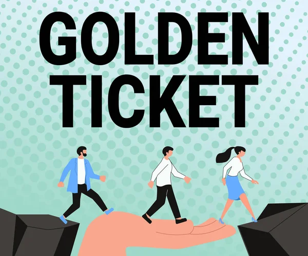 Inspiration showing sign Golden Ticket. Word for Rain Check Access VIP Passport Box Office Seat Event Arrows Guiding Two Collaborating Colleagues Towards Better Financial Plan — Fotografia de Stock