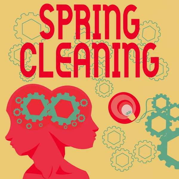 Conceptual display Spring Cleaning. Business approach practice of thoroughly cleaning house in the springtime Two Heads With Cogs Showing Technology Ideas. — Stock fotografie