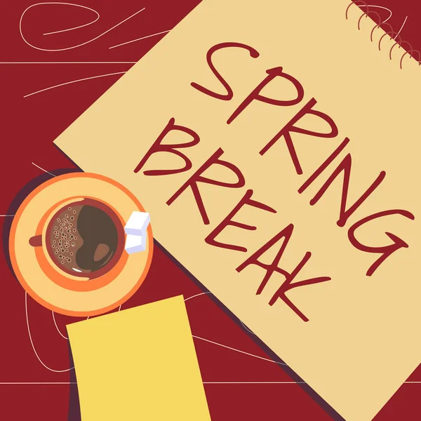 Text showing inspiration Spring Break. Business showcase Vacation period at school and universities during spring offee cup sitting on desk with notebook representing relaxed working space. — Stock Fotó