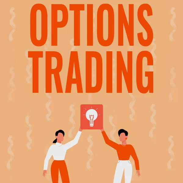 Text showing inspiration Options Trading. Business concept Different options to make goods or services spread worldwide Two Colleagues Holding Lamp Presenting New Achievement Reached. — Stockfoto