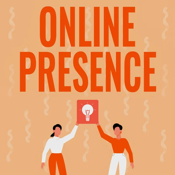 Sign displaying Online Presence. Word for existence of someone that can be found via an online search Two Colleagues Holding Lamp Presenting New Achievement Reached. — Stockfoto