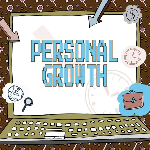 Inspiration showing sign Personal Growth. Business concept improve develop your skills qualities Learn new materials Poster decorated with monetary symbols displaying punctuality of employees. — Photo