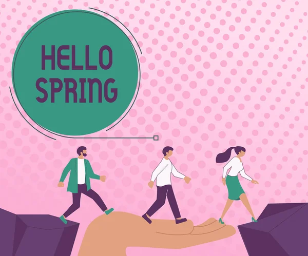 Inspiration showing sign Hello Spring. Conceptual photo Welcoming the season after the winter Blossoming of flowers Arrows Guiding Two Collaborating Colleagues Towards Better Financial Plan —  Fotos de Stock