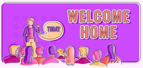 Text sign showing Welcome Home. Business showcase Expression Greetings New Owners Domicile Doormat Entry Person delivering presentation displaying newest business strategies. — Stok fotoğraf