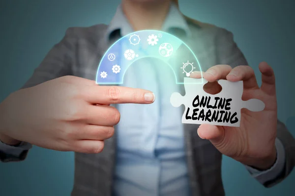 Text bildtext som presenterar Online Learning. Affärsöversikt Larning med hjälp av Internet och en dator Lady i kostym pekar pusselbit som representerar innovativt tänkande. — Stockfoto