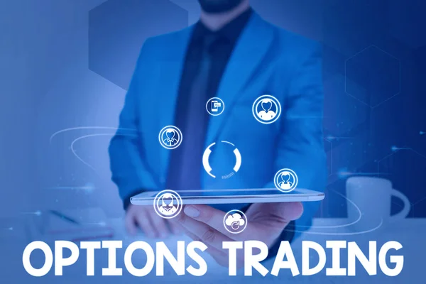 Conceptual caption Options Trading. Business idea Different options to make goods or services spread worldwide Businessman in suit holding tablet symbolizing successful teamwork. — Stock Photo, Image