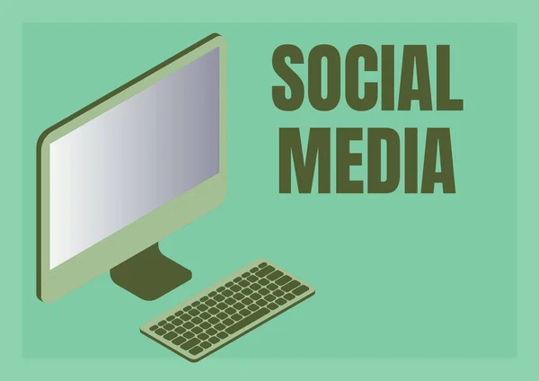 Bildunterschrift: Social Media. Konzept bedeutet Online-Kommunikationskanal Vernetzung Microblogging Monitor mit Tastatur symbolisiert Online-Verbindung zwischen Kollegen. — Stockfoto