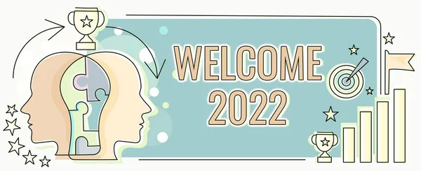 Handwriting text Welcome 2022. Business overview New Year Celebration Motivation to Start Cheers Congratulations Two Heads Connected Puzzle Showing Solving Problems And Sharing Success — Stock fotografie