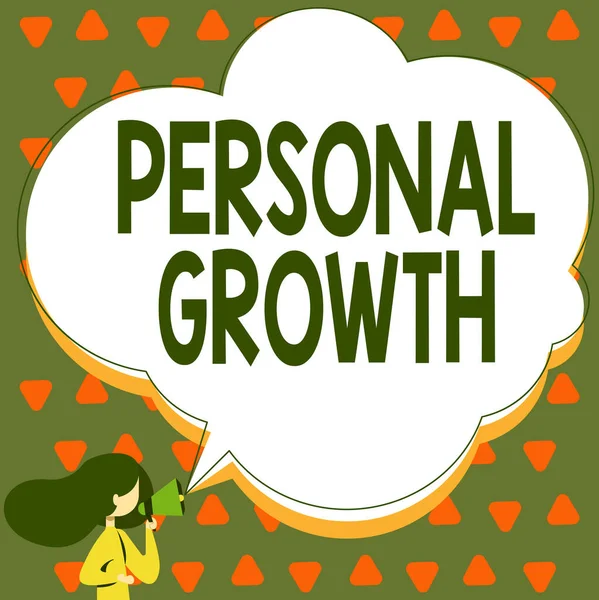 El yazısı tabelası Kişisel Büyüme. İş fikri becerilerinizi geliştirir. Megafonla konuşan yeni malzemeler öğrenin. Konuşma baloncuğuyla duyuru yapın..