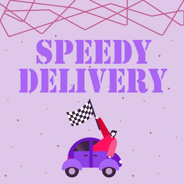 Skrivtecken Speedy Delivery. Affärsidé ger produkter på ett snabbt sätt eller samma dag sjöfarten utomlands Affärsman Viftande Banner Från Vehicle Racing Mot framgångsrik framtid. — Stockfoto