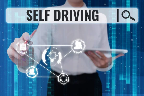 Conceptual display Self Driving. Business concept Autonomous vehicle Ability to navigate without human input Lady in suit poins pen holds tablet achieving global innovative thinking. — Fotografia de Stock