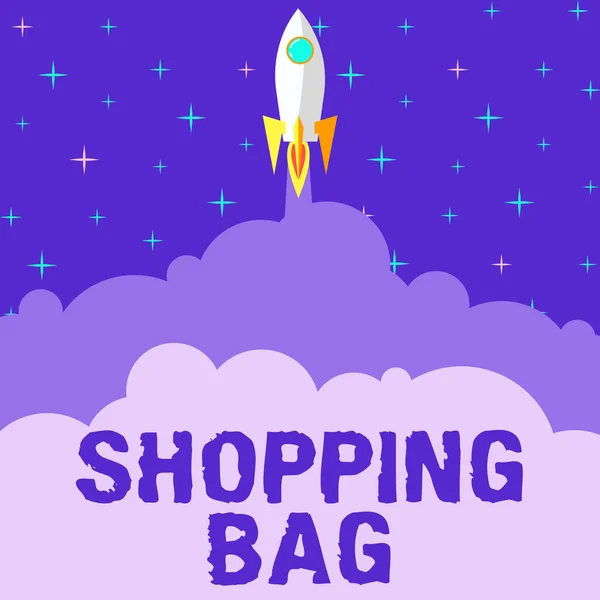 Conceptual display Shopping Bag. Concept meaning Containers for carrying personal possessions or purchases Rocket Ship Launching Fast Straight Up To The Outer Space. — Foto Stock