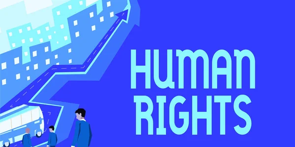 İnsan Hakları metni yazılıyor. İş dünyası ahlak ilkeleri standartlarını gösteriyor. Hukuk tarafından korunan bir gösteri. Bir grup iş adamı, başarı ve büyümeye giden bir otobüse biniyor.. — Stok fotoğraf
