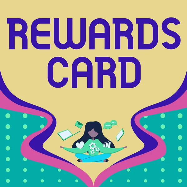 Text showing inspiration Rewards Card. Business showcase Help earn cash points miles from everyday purchase Incentives Woman Surrounded With Technological Devices Presenting Future Advances. — стоковое фото
