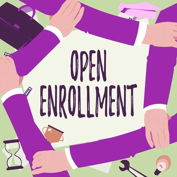 Conceptual display Open Enrollment. Concept meaning The yearly period when showing can enroll an insurance Four Hands Drawing Holding Arm Together Showing Connection Symbol. — ストック写真