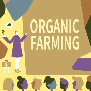 İlham, organik çiftçiliği gösteriyor. Sürdürülebilirlik için çabalayan bütünleşik tarım sistemi üzerine yazılmış Sözcük En Yeni Başarılı Finansal Stratejileri Sunan Lady Pointing Arkaplan.