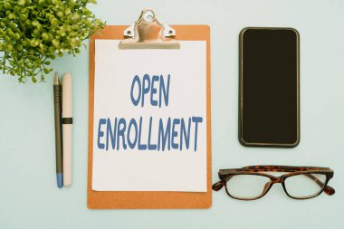 Text sign showing Open Enrollment. Conceptual photo The yearly period when showing can enroll an insurance Flashy School Office Supplies, Teaching Learning Collections, Writing Tools,