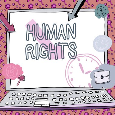 İnsan Hakları metni yazılıyor. İş yaklaşımı Ahlak İlkeleri Standartları Hukuk Posteri tarafından korunan çalışanların dakikliğini gösteren parasal sembollerle süslenmiş bir gösterinin normları.