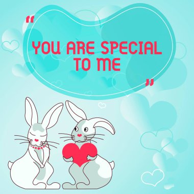 Benim için özel olduğunu belirten metin başlığı. Sevgililer Günü 'nde fotoğraf çeken kavramsal aşıklar kalp şeklinde hediyeler taşıyan tavşanlar tutkulu aşıkları hediyelerle gösteriyor.