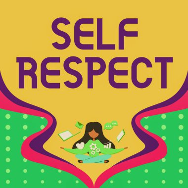 Kendine Saygı gösteren bir tabela. Kavramsal fotoğraf ve kendine güven Geleceğin Gelişmesini Sunan Teknolojik Aygıtlarla çevrili Kadın.