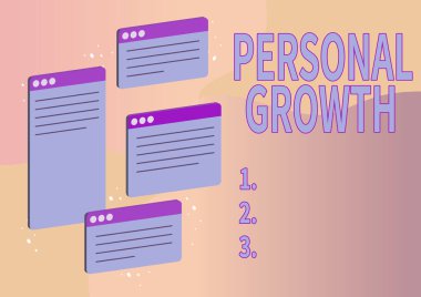 İlham verici Kişisel Büyümeyi gösteren metin. Kavram, becerilerinizi geliştirin demek. Başarılı çevrimiçi iletişim meslektaşlarını sembolize eden yeni materyal sohbet sekmeleri öğrenin.