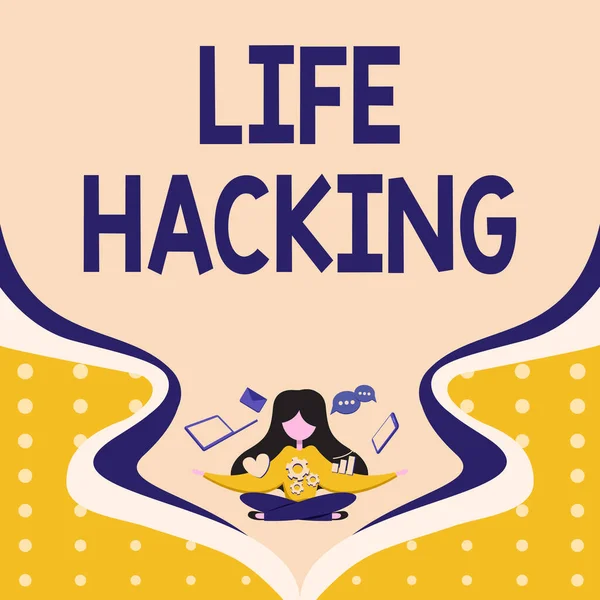Text sign showing Life Hacking. Business showcase Simple and clever techniques in accomplishing task easily Woman Surrounded With Technological Devices Presenting Future Advances. — Stock fotografie