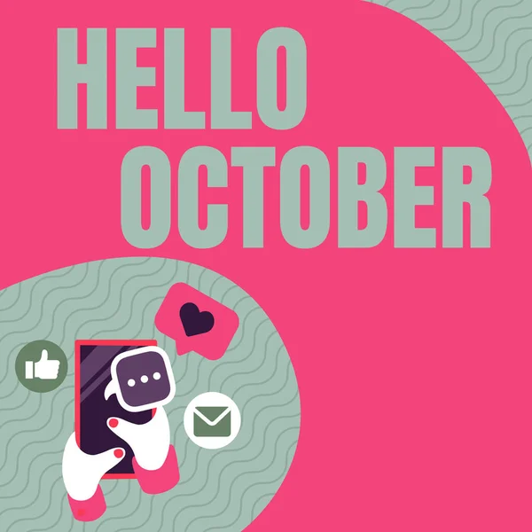 Sign displaying Hello October. Word for Last Quarter Tenth Month 30days Season Greeting Hand Holding Mobile Phone Pressing Application Button Showing Technology. — Foto de Stock