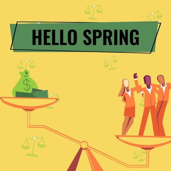 Didascalia di testo che presenta Hello Spring. Foto concettuale Accoglienza della stagione dopo l'inverno Fioritura dei fiori Colleghi che realizzano il lavoro di squadra ottenendo un guadagno finanziario di successo. — Foto Stock