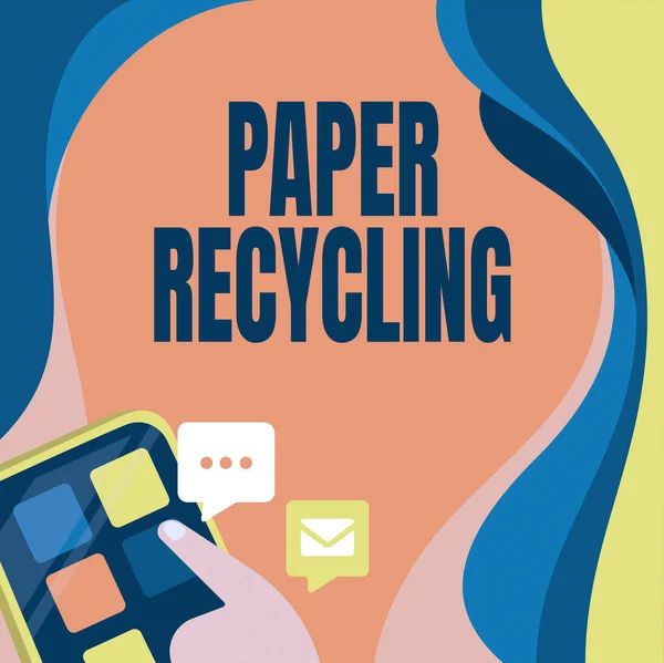 Szöveg felirat bemutatása papír újrahasznosítás. Internet Concept A hulladékpapír új módon történő felhasználása az ujj nyomógomb újrafeldolgozásával A globális hálózati kapcsolat bemutatása. — Stock Fotó