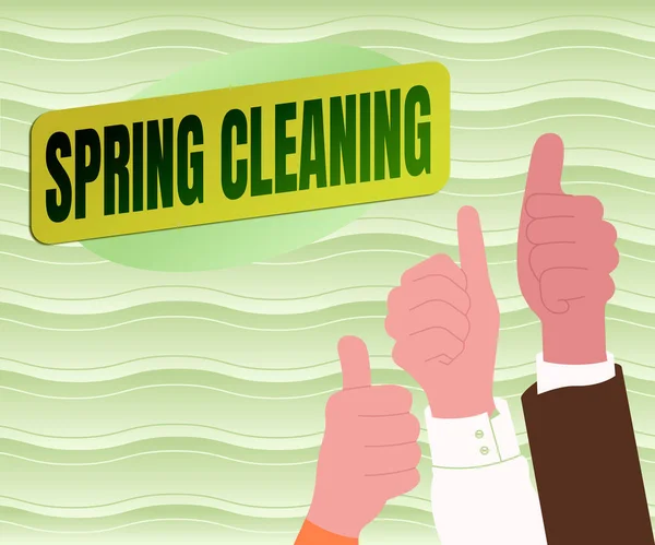 Text sign showing Spring Cleaning. Business idea practice of thoroughly cleaning house in the springtime Colleagues Congratulating Success Presenting Innovative Combined Effort. — Foto de Stock