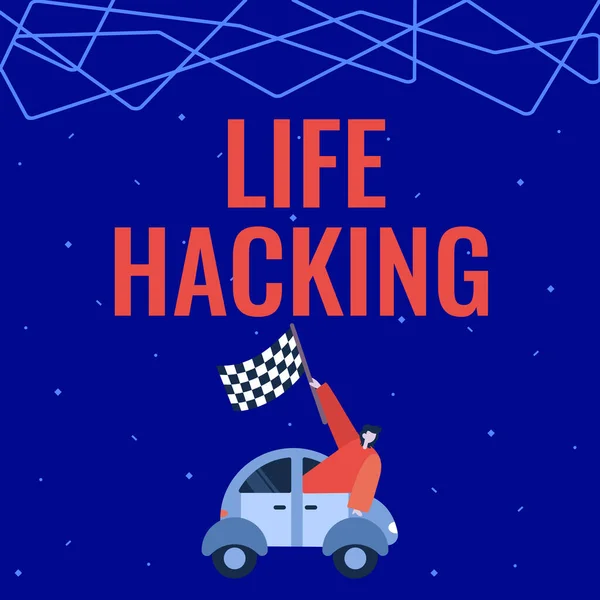 Konceptuell visning Life Hacking. Affärsstrategi Enkla och smarta tekniker för att utföra uppgiften lätt Affärsman Viftande Banner Från Vehicle Racing Mot framgångsrik framtid. — Stockfoto
