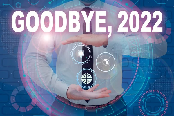 Text caption presenting Goodbye 2022. Business approach New Year Eve Milestone Last Month Celebration Transition Businessman in suit holding open palms represents innovative thinking. — Photo