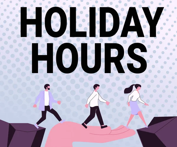 Text caption presenting Holiday Hours. Business concept Schedule 24 or7 Half Day Today Last Minute Late Closing Arrows Guiding Two Collaborating Colleagues Towards Better Financial Plan — Fotografia de Stock