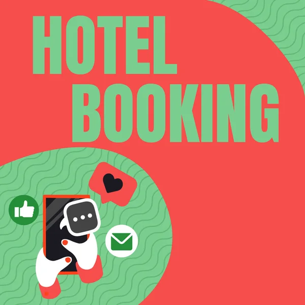 Writing displaying text Hotel Booking. Conceptual photo Online Reservations Presidential Suite De Luxe Hospitality Hand Holding Mobile Phone Pressing Application Button Showing Technology. — Stock Fotó