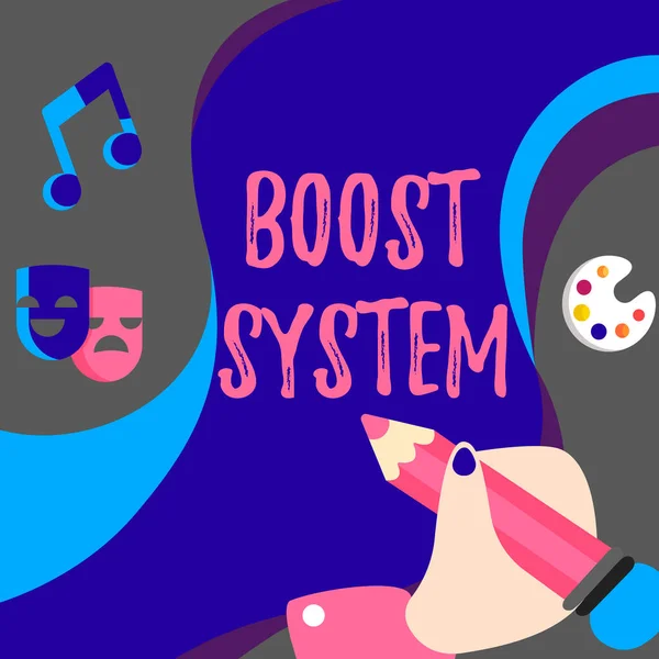 Sign displaying Boost System. Word for Rejuvenate Upgrade Strengthen Be Healthier Holistic approach Hand Using Pencil Strategizing Newest Innovative Creative Goal Plans. — 스톡 사진