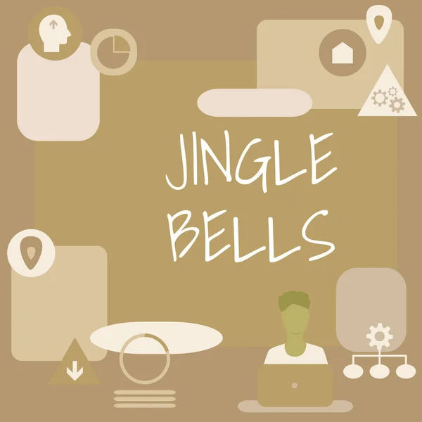 Text sign showing Jingle Bells. Word Written on Most famous traditional Christmas song all over the world Man Sitting On Desk Working And Presenting New Technologies. — ストック写真