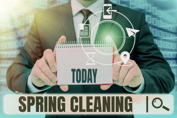 Handwriting text Spring Cleaning. Business showcase practice of thoroughly cleaning house in the springtime Businessman in suit holding notepad symbolizing successful teamwork. — Stockfoto