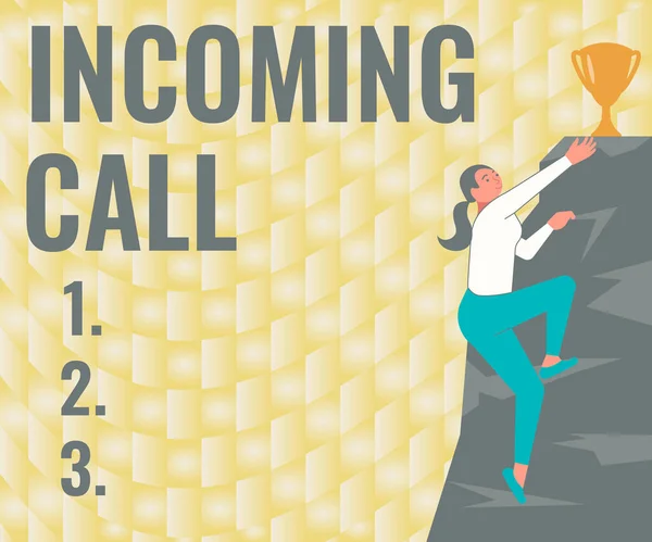 Text showing inspiration Incoming Call. Business approach Inbound Received Caller ID Telephone Voicemail Vidcall Woman Climbing Mountain Reaching Trophy Representing Success. — Stock Photo, Image