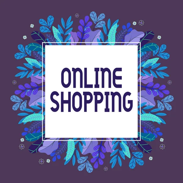 Kézírás szöveg Online vásárlás. Szó írva lehetővé teszi a fogyasztók számára, hogy vásárolni az áruk az interneten keresztül keret díszített színes virágok és lombozat rendezett harmonikusan. — Stock Fotó