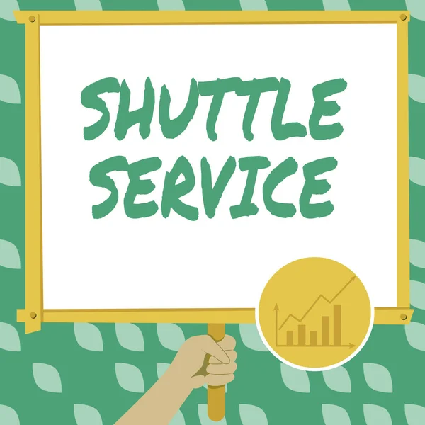 Text caption presenting Shuttle Service. Business idea vehicles like buses travel frequently between two places Hand Holding Panel Board Displaying Latest Financial Growth Strategies. — ストック写真