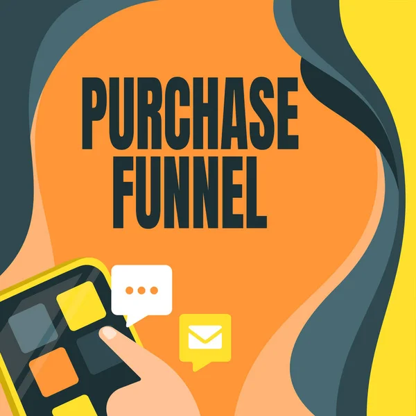 Text caption presenting Purchase Funnel. Internet Concept consumer model which illustrates customer journey Finger Pressing Application Button Presenting Global Network Connection. — Fotografia de Stock