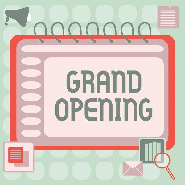 Handwriting text Grand Opening. Conceptual photo Ribbon Cutting New Business First Official Day Launching Blank Open Spiral Notebook With A Calculator And A Pen On Table. — ストック写真