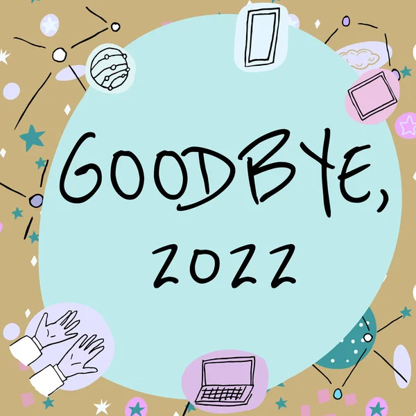 手写签名"再见2022" 。除夕吉祥物最后一个月庆祝过渡空白框装饰有现代科学符号展示技术. — 图库照片