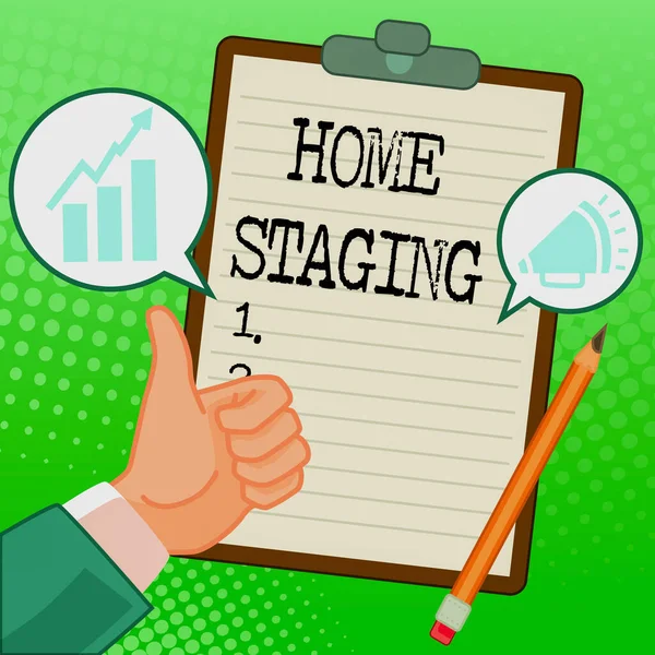 Text sign showing Home Staging. Business concept Act of preparing a private residence for sale in the market Hands Thumbs Up Showing New Ideas. Palms Carrying Note Presenting Plans — 스톡 사진