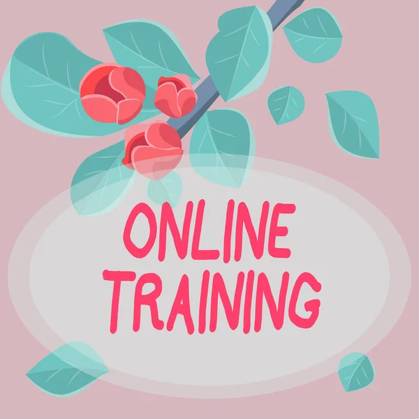 Textskylt som visar Online Training. Begreppet mening Ta utbildningsprogrammet från elektroniska medel ram dekorerad med färgglada blommor och oliage arrangerade harmoniserat. — Stockfoto