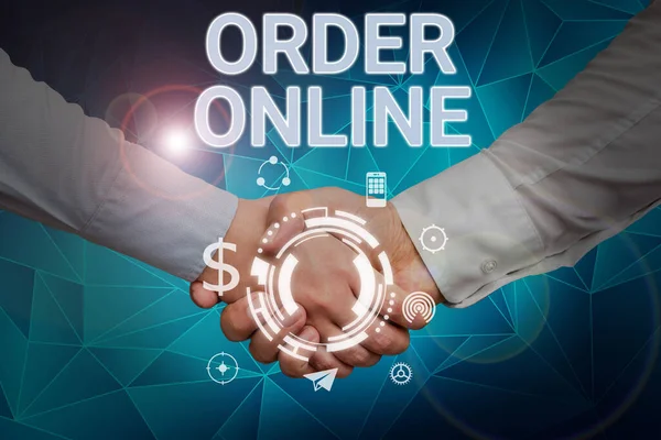 Text sign showing Order Online. Concept meaning Buying goods and services from the sellers over the internet Hands shaking presenting innovative plan ideas symbolizing teamwork. — ストック写真
