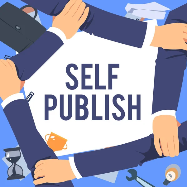 Bildunterschrift: Self Publish. Unternehmensübersicht Veröffentlichte Arbeiten unabhängig und auf eigene Kosten Indie Author Four Hands Drawing Holding Arm Together Showing Connection Symbol. — Stockfoto