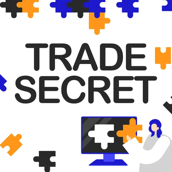 Text caption presenting Trade Secret. Internet Concept Confidential information about a product Intellectual property Lady Holding Puzzle Piece Representing Innovative Problem Solving Ideas. — Zdjęcie stockowe