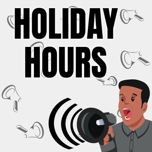 Text sign showing Holiday Hours. Internet Concept Schedule 24 or7 Half Day Today Last Minute Late Closing Businessman Talking Through Megaphone Making Wonderful New Announcement